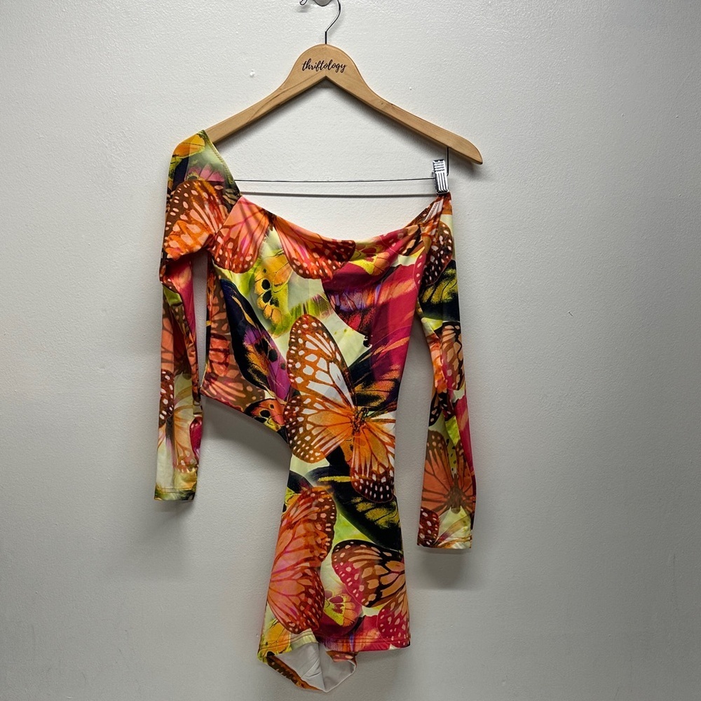 White Fox City Girl Long Sleeve Mini Dress Sunset Monarch Butterfly New Medium - Picture 1 of 7